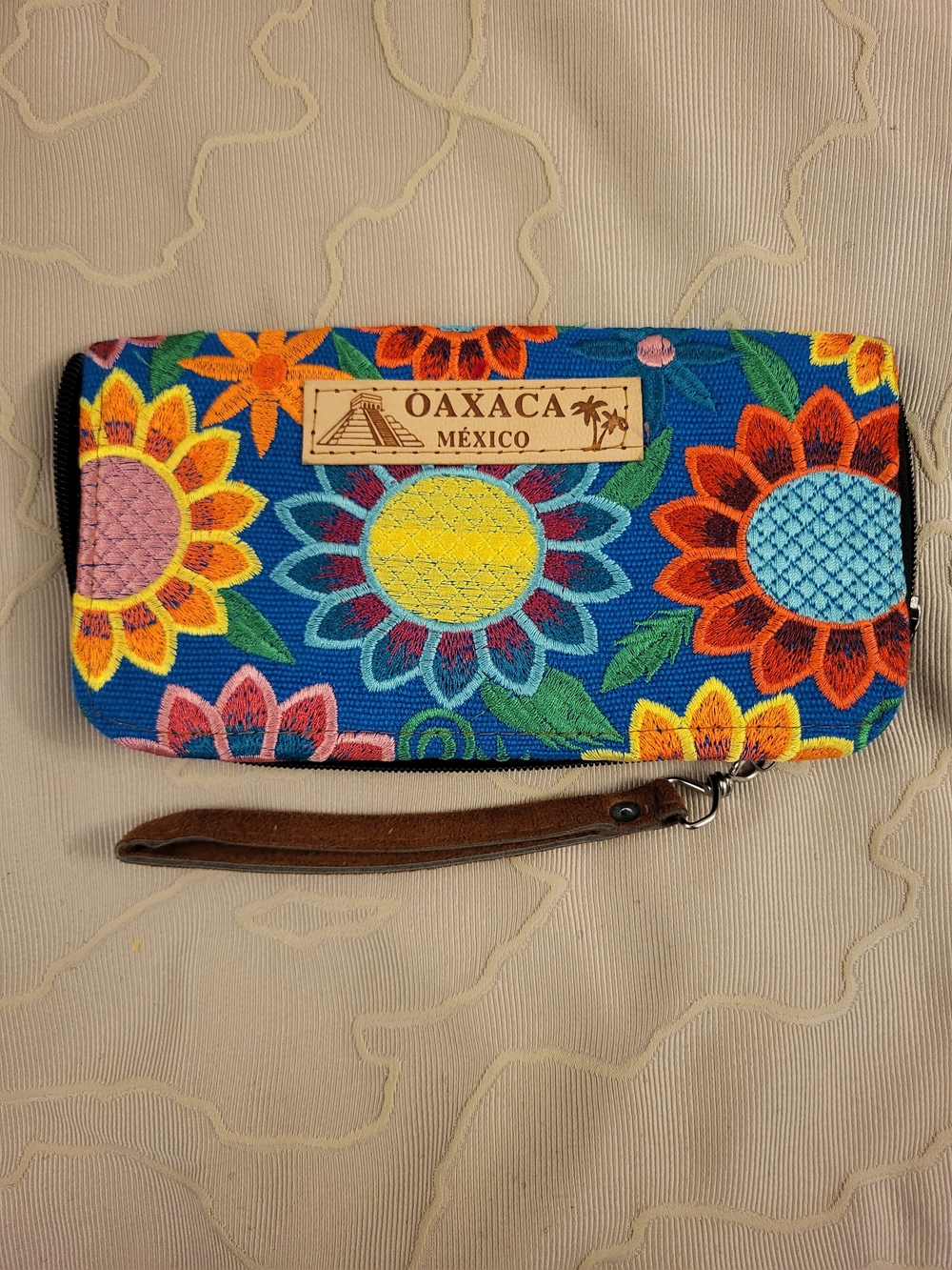 Blue Floral Embroidered Wristlet Wallet